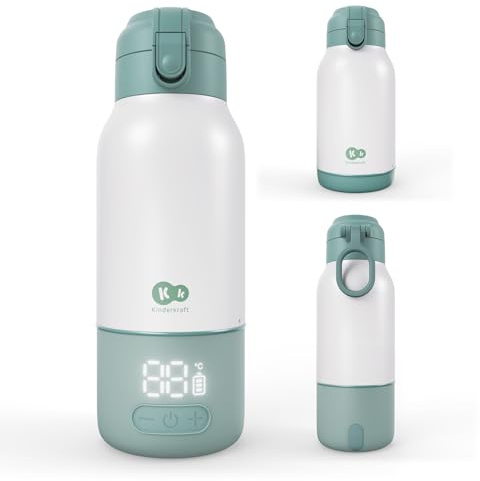 Kinderkraft GAJA scaldabiberon portatile e thermos 2 in 1 500 ml, 5 livelli di temperatura 37–55°C, batteria rimovibile, mantiene il calore fino a 20 h, ricarica USB-C, Verde
