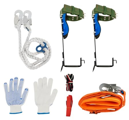 Tree Climbing Kit, 2 Tooth Climbing Spikes with Harness and Rope, Tree Climb Spike Heavy Duty Steel Non Slip Forest Crampons, Fall Protection Equipment, Load 100kg, for Climber Hunting Fruit Picking