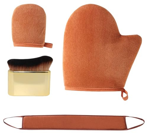 Lote de 4 aplicadores autobronceadores, guante autobronceador marrón y mini guante de bronceado, cepillo de bronceado dorado para el rostro, aplicador para la espalda para el cuerpo y el rostro