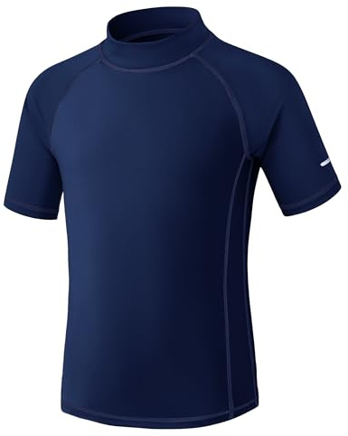 Kids Rash Vest Short Sleeve UPF 50+ Sun Protection Boys Swim Top UV Shirts Quick Dry Girls Rash Guard with Safety Reflective Stripes Age 5-15 15 Years Navy