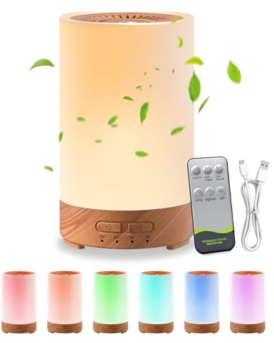 Aroma Diffuser mit 7 Farben LED Licht 150ml, Holzmaserung Luftbefeuchter für ätherische Öle, Automatischer Abschaltung bei Wasserlosem, Ideal für Zuhause, Büro und Yoga (Weiß)
