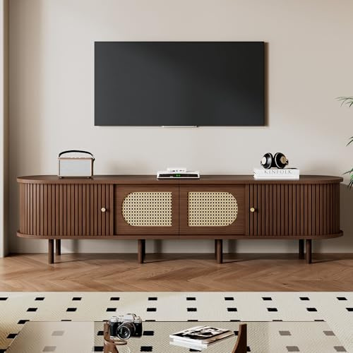 BTM 180x40x40cm Ovaler TV-Ständer in Nussbaum dunkel, Rattan-Design, Zwei Schranktüren, Zwei Schiebetüren, TV Schrank, lowboards, Wohnzimmerschrank, MDF, Geeignet für Fernseher bis zu 80 Zoll
