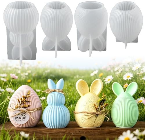 4er Set Silikon Gießformen, 4 verschiedene Motive (Ei & Hase), wiederverwendbare Kerzenformen Silikon für Gips & Sojawachs, für Ostern, DIY & Alltag