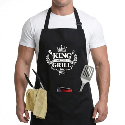 ZJEEACO BBQ Apron Gifts for Men, Funny Cooking Apron with Pockets, Personalised Kitchen Aprons for Outdoor Grilling Accessories, Ideal Christmas Unusual Presents for Dad Grandad Husband (KING)