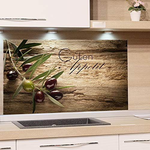 GRAZDesign Spritzschutz Glas für Küche, Herd Bild-Motiv Olivenzweig mit Schrift Küchenrückwand Küchenspiegel Glasrückwand Herdblende 4mm ESG Glas (80x50cm)