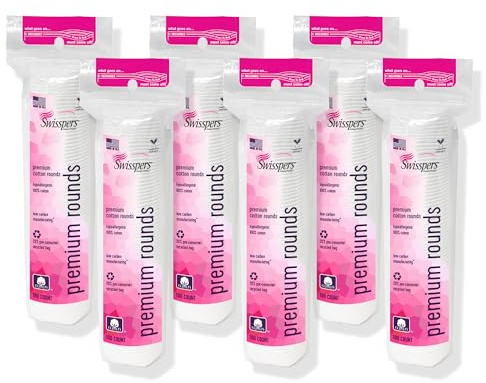 Swisspers Premium Cotton Rounds, Dual Sided Pads - 100 Pads (Pack of 6) - 100% Pure Chlorine-Free Cotton, Hypoallergenic & Dermotologist Tested - Cotton Pads for Makeup & Nail Polish Removal