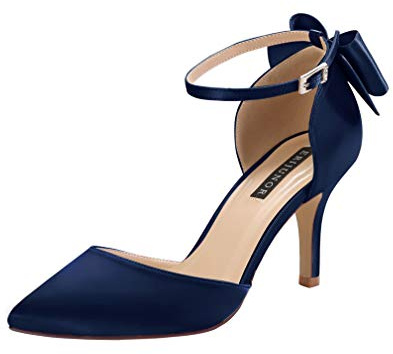 ERIJUNOR E1876B Wedding Evening Party Shoes Comfortable Mid Heels Pumps with Bow Knot Ankle Strap Wide Width Satin Shoes Navy Size 7.5