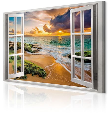 decomonkey - Impression sur Toile Plage Mer Fenetre 120x80 1 Pièce - Tableau Décoration Appartement Déco Salon Peinture sur Toile Nuages colorés mer ciel vue depuis la fenêtre coucher de soleil