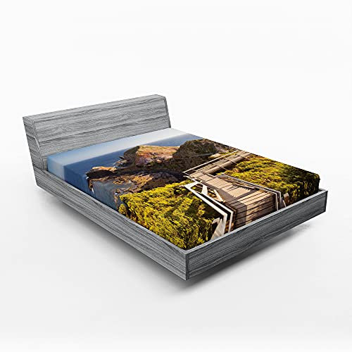 ABAKUHAUS Australien Spannbetttuch, Rocks-Brücke und das Meer, Soft Dekorativer Stoff Bettwäsche Rund-um Elastischer Gummizug, 160 cm x 200 cm, Tan Grün Blau