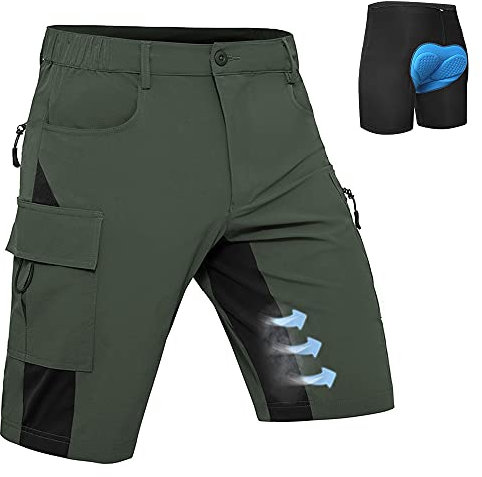 Hiauspor MTB Hose Herren Kurz Mountainbike Hose mit 4D Sitzpolster Amungsaktiv Fahrradhose Schnelltrocknend Radlerhose Bike Shorts mit 5 Taschen (Klassisches Grün, XL)
