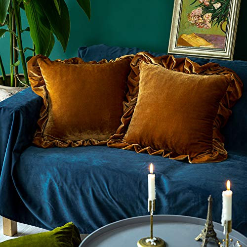 GLORY SEASON Samt-Kissenbezug, weich, dekorativ, luxuriös, massiv, quadratisch, Kissenbezug für Sofa, Couch, Schlafzimmer, Bauernhaus, 2 Stück, 45,7 x 45,7 cm, Goldkamel