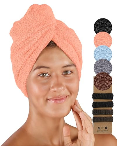 pamuq Haarturban Baumwolle 100% Koralle, 2er Set mit 2 Knöpfen Turbantuch Knopf Haarhandtuch Kopftuch Knopf Haarturban Schnelltrocknendes Haarhandtuch Haartrockentuch
