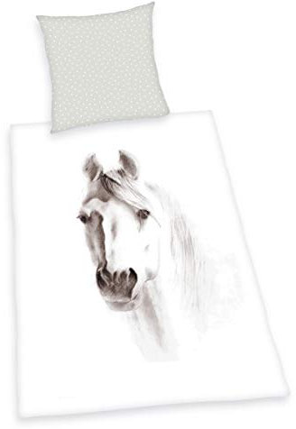 Herding Bettwäsche-Set, Pferd-Wendemotiv, Kopfkissenbezug 80 x 80 cm, Bettbezug 135 x 200 cm, Mit leichtläufigem Reißverschluss, Baumwolle/Renforcé, Weiß