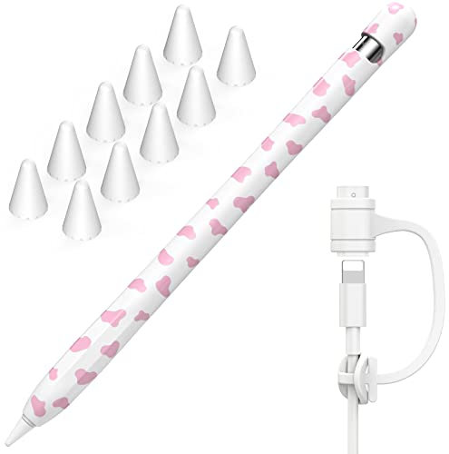 NIUTRENDZ Cow Print Case for Apple Pencil 1st Generation Case Cover Silicone Protective Sleeve Accessories with Apple Pencil Tips Cover & Cable Adapter Tether (Pink)