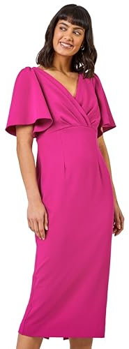 Roman Originals Women Gathered Wrap Front Midi Dress - Ladies Spring Everyday Summer Holiday Scuba Soft Angel Sleeves Comfy Bodycon Frock Vacation Pencil Gowns - Magenta - Size 10