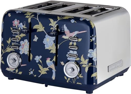 VQ Laura Ashley Grille Pain 4 Tranches avec Modes de Chauffage, Décongélation et Réchauffage Réglables. Inox Grille Pain Vintage avec un Support de Réchauffage Pour Croissants - Elveden Marine