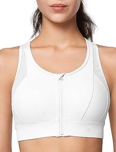 Yvette Starker Halt Sport BH Große Brüste mit Vorderverschluss Mesh Ringerrücken Ohne Bügel für Fitness Lauf, Weiß,M Große Größen