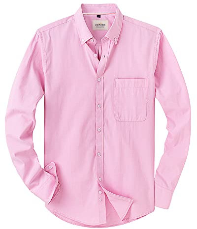 J.VER Men's Pink Oxford Shirt Long Sleeve Regular Fit Casual Plain Button Down Smart Dress Shirts for Men Adult with Pocket L