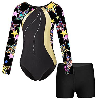 iEFiEL Mädchen Turnanzug Langarm Gymnastik Trikotanzug Glänzende Turnen Set Klassisch Gymnastikanzug Kinder Tanzbody Xa Schwarze + Gold mit Shorts 146-152