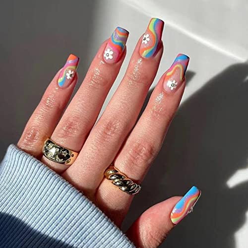 Ceboic Carrés Faux Ongles Moyen, Cercueil Français Colorful Wavy Press on Nails, 24 Pièces Ballerine Acrylique Capsules Ongles pour Femme et Fille, Faux Ongles à Coller Nail Art