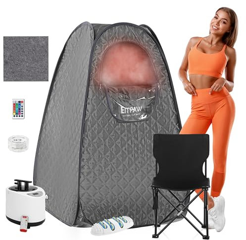 Eitpaw Sauna, sauna portatile, sauna portatile per la casa, sauna a vapore Tnet full size singola persona pop up sauna con vapore da 2,6 l, telecomando, sedia pieghevole e luce LED RGB, grigio, 110 V