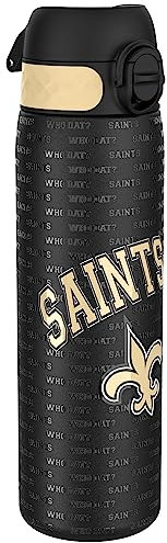 ion8 NFL Saints Leichte Edelstahl-Wasserflasche, 600 ml/20 oz, nicht isoliert, auslaufsicher, leicht zu öffnen, sicherer Verschluss, spülmaschinenfest, Klappdeckel, passt in Getränkehalter