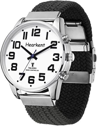 Sprechende Uhr mit Deutscher Stimme und großen Zahlen, Selbsteinstellend für Sehbehinderte,Blinde oder Senioren Armbanduhr, Herrengröße (Nylon Schwarz)