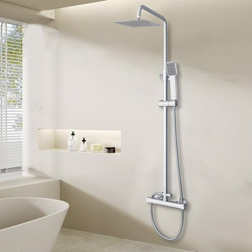 HAPAOSO Colonne de douche thermostatique, pomme de douche 200 mm, pomme de douche 3 jets, douche pluie réglable en hauteur, set de douche avec mitigeur