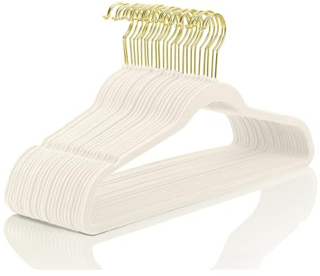 MIZGI Premium Samt Kleiderbügel Pack 40 Stück Heavy Duty – rutschfeste Filz Kleiderbügel – Samt Anzug Kleiderbügel Elfenbein mit goldenen Haken, platzsparende Kleiderbügel