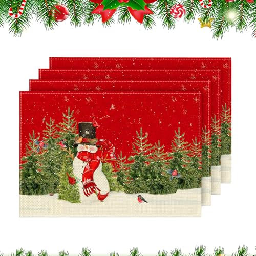 Funmo Weihnachts-Platzdeckchen 4er-Set，Rote Tischsets für die Küche,rutschfeste, hitzebeständige und abwaschbare Platzdeckchen,Tisch-Platzdeckchen für die Weihnachtsfeier,Schneemann-Platzdeckchen