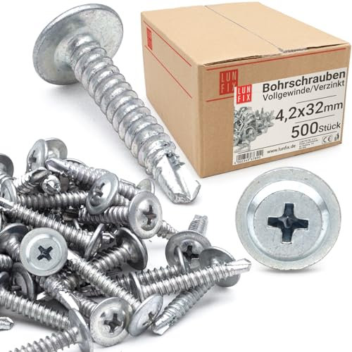 Vis autoforeuse métal 4,2x32 mm 500pcs, fixations autoperceuse cruciforme tête bombée large, auto-perçante zinguée, vis autotaraudeuse acier, visserie pour tôle et acier, bricolage construction