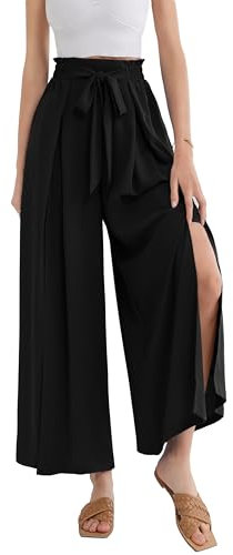 GRACE KARIN Damen Weite Hose Mit Taschen Palazzo Hose mit Weitem Bein und Seitenschlitz Schwarz M