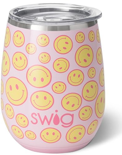Swig Weinglas, isoliert, mit Deckel, spülmaschinenfest, Edelstahl-Weinbecher für Damen, isolierte Weinbecher, Outdoor-Weingläser, Reise-Weinglas (Oh Happy Day)