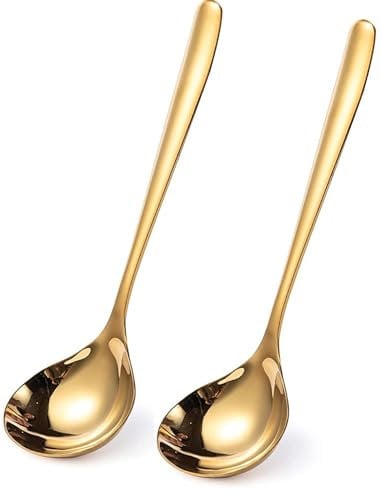 Comicfs 2 Pack Gold Gravy Ladle, SUS 304 Stainless Steel Soup Ladle, Small Soup Ladle, Sauce Ladles, Small Serving Ladles for Stirring, Mirror finished Soup Spoon and Dishwasher Safe 8-Inch (Gold)