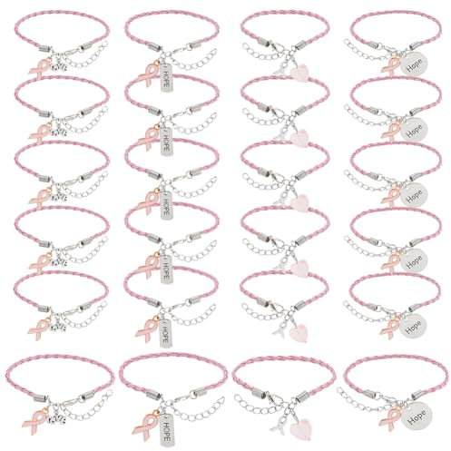 PH PandaHall 24Pcs Bracelets de cancer du sein bracelet en cuir, Bracelet tressé réglable Cordons en cuir de ruban rose pour femmes filles, octobre, Bijoux de cancer du sein de chasse