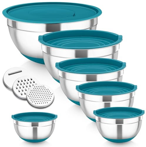 Homikit Mixing Bowls Set of 6, Stainless Steel Salad Bowls with Airtight Lids & 3 Grates, Metal Nesting Bowls for Mixing/Baking/Storing, Silicone Base - 0.7/1.2/1.6/2.5/2.8/4.6L (Dark Blue)