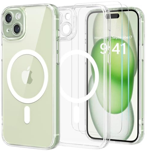 Yohii 3 in 1 Magnetica Cover per iPhone 15 con 2 Pezzi Vetro Temperato [Protezione Fotocamera] Compatibile con MagSafe, Custodia Antiurto di Livello Militare, Trasparente