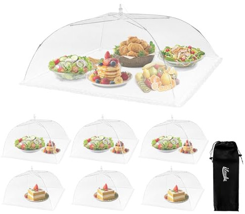 ilauke Fliegenhaube XXL 7er Set Abdeckhaube für Essen, 3 Größen Faltbare Kuchenabdeckung Fliegenschirm Lebensmittel Abdeckung, Perfekter Fliegen-Schutz für Essen, Obst, Picknick, BBQ, Weiß