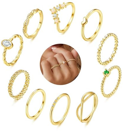 ORAZIO 10Pcs Gold Ringe Frauen 14 Karat Vergoldete Goldene Ringe Set Goldring Damen Stapelbare Fingerring Opal Zirkonia Daumenringe Damenring Wasserfest Gold Ring Schmuck für Damen Größe 54