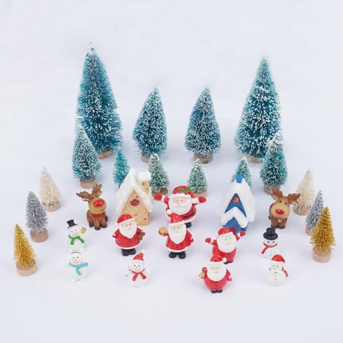 TAIKOUL 30 Kleine Weihnachtsfiguren Miniatur Weihnachtsdeko Weihnachtsbaum Mini Weihnachtsdeko Puppenhaus Weihnachtsmann Schneemann Elch DIY Weihnachtsdeko Kleinteile