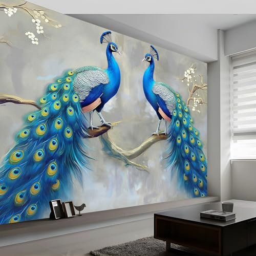 Wall Mural Retro Style Photo Wallpaper Mural 450 x 315 cm (W x H), Oil Painting Style Animal Peacock Photo Mural Decor for Living Room, Bedroom, Office and Kids Room, Easy to Install