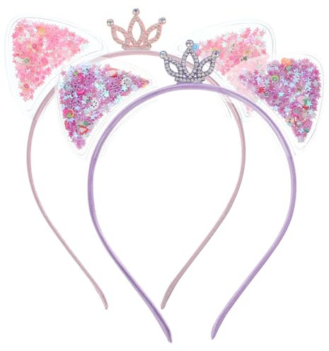Aeaocvo Lot de 2 bandeaux d'oreilles de chat avec couronne à paillettes avec oreilles de chat - Bandeau oreilles de chat pour filles et femmes - Vie quotidienne - Fournitures de fête (rose + violet)