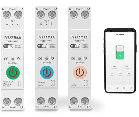 Tuya WiFi Interruptor Medidor Energia 10A 16A 20A 25A 32A 40A 63A VAP Rail DIN MCB Relé Sobretensión y protector contra sobrecorriente Smart Life App Control (TXCB1-TWM Metering, 16A)