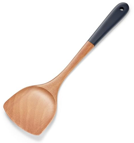 Großer Wokspatel aus Holz, 38,1 cm, natürliches Teakholz, langer Griff, Pfannenwender, beschichtetes Naturharz