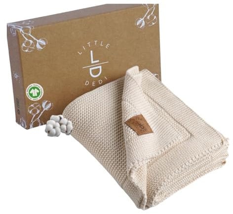 Little Dedi Weiche Babydecke Strick aus 100% Bio-Baumwolle GOTS Zertifizert, 80x100 cm. Naturbeige- Erstausstattung für Neugeborene, in Geschenkbox für Neugeborene Babys