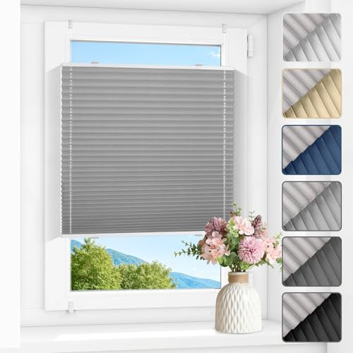 Zarnan Plissee ohne Bohren Verdunkelung Thermo Plissee Klemmfix Grau B90 x H180 cm(BxH) plisseerollo Klemmfix 100% Blickdicht Jalousien for für Fenster innen Sichtschutz