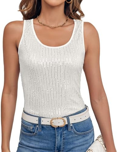 Imily Bela Top Damen Sommer Pailletten Tanktop Slim Fit U-Ausschnitt Ärmellos Elegant Oberteile Sexy Party Bluse Cocktail Club Outfits(Weiß,L)