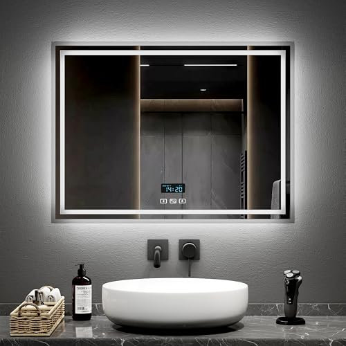 EMKE Bluetooth Bathroom Mirror with Lights and Shaver Socket, 60 x 80 cm Backlit Bathroom Mirror with LED Lights, Time Display/Bluetooth Speaker/Anti-fog/Dimmable, Horizontal, IP44