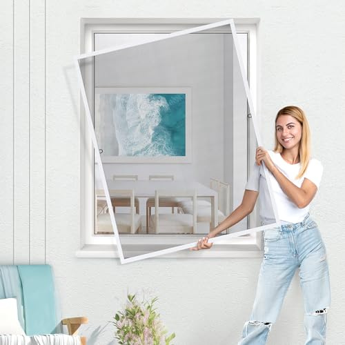 Jalousiescout Insektenschutz Fliegengitter Fenster, Fliegenschutz SlimLine Mini Insektenschutz ohne Bohren, mit Alurahmen Spannrahmen, Mückenschutz Fliegenschutzgitter, 95 x 55 cm, weiß