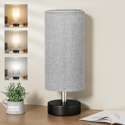 Aooshine Grey Table Lamp, Bed Side Lamp with 3-Color Modes, Grey Linen Shade(Bulb Included)